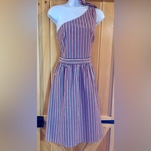 LOFT One Shoulder Summer Dress Red Blue gray white  seersucker nautical Stripe 8
